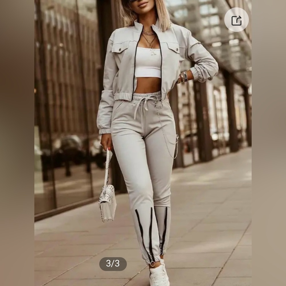 NEW ChicMe Cream 2-Pce Track Pants & Jacket Set Size L NWOT